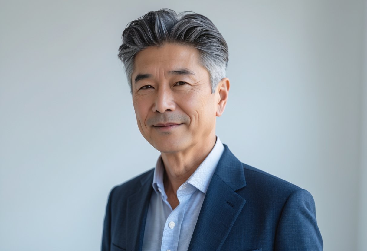 60代の日本人男性がスタジオで立っている写真