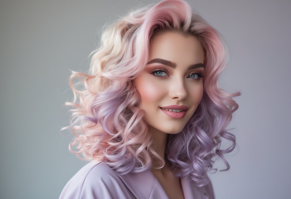 パーマでふんわりとカールした鮮やかなヘアカラーの女性が微笑んでいる写真