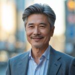 60代の日本人男性が屋外で微笑んでいる写真。