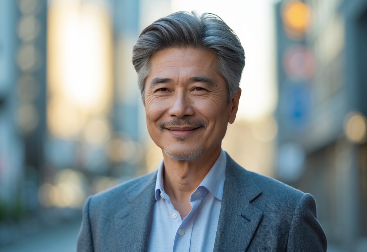 60代の日本人男性が屋外で微笑んでいる写真。