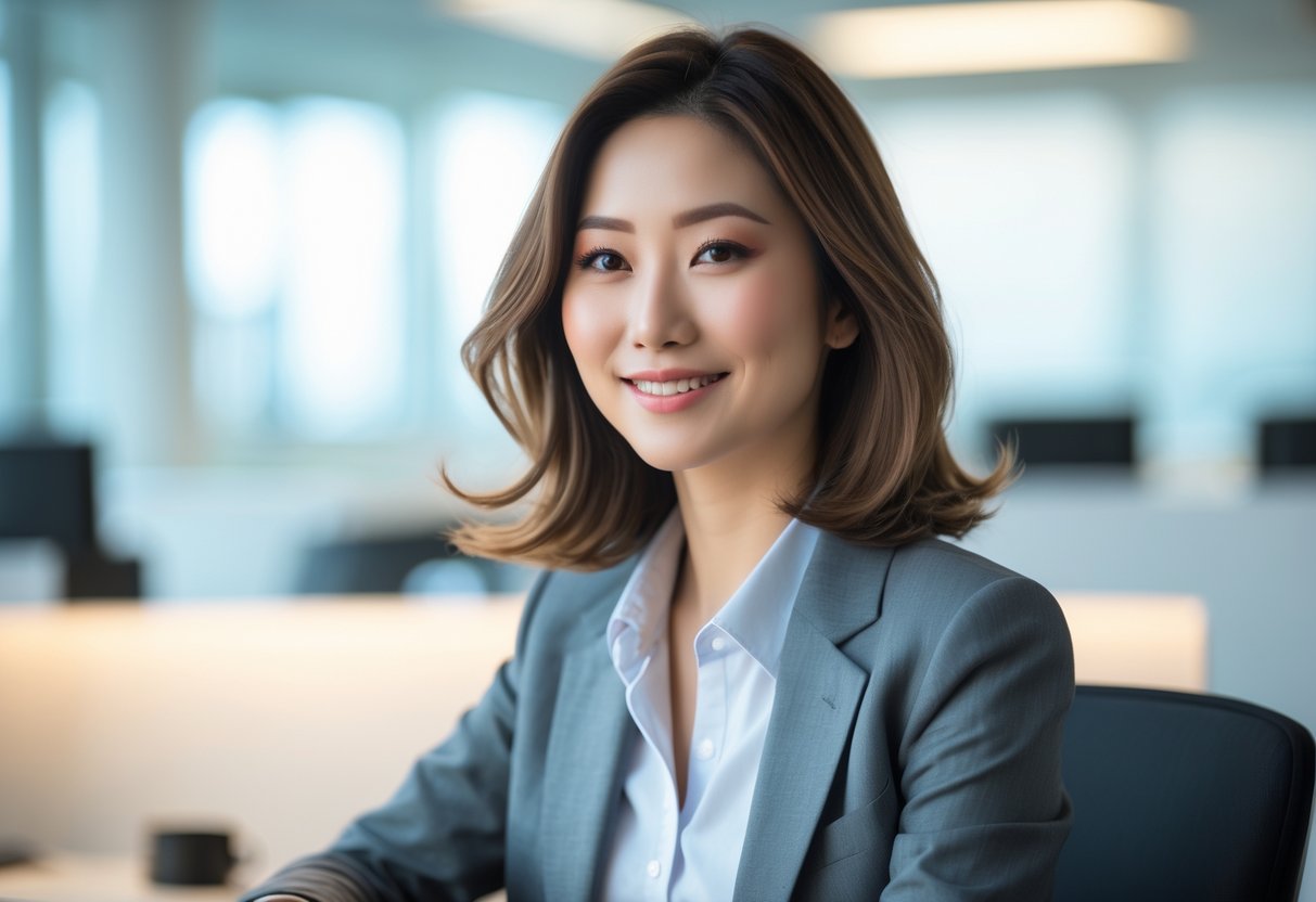 明るい現代的なオフィスで微笑む30代の日本人女性がセミロングの髪型をしている。