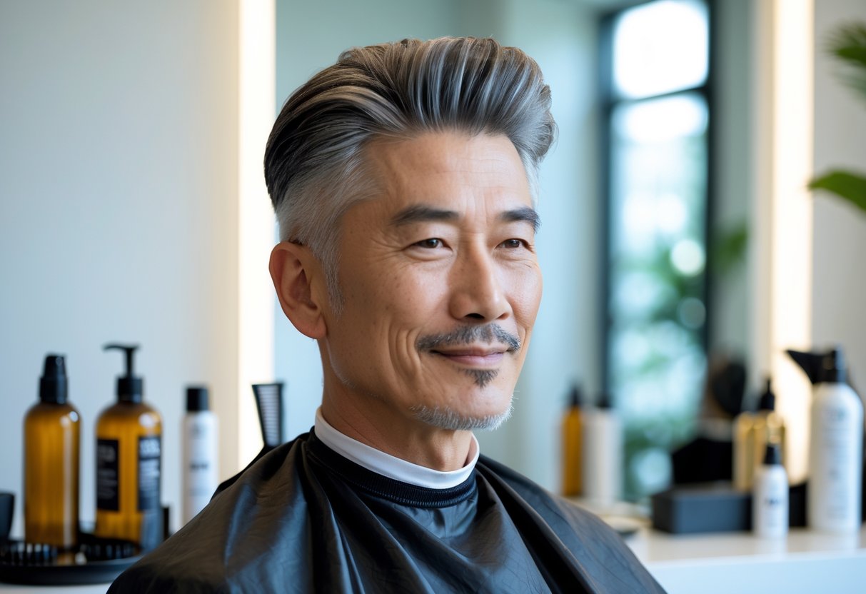 60代の日本人男性が室内で髪を整えている様子