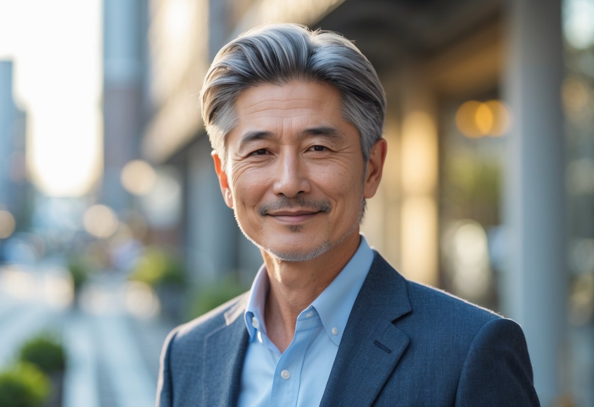 60代の日本人男性が都会の背景で自信を持って立っている写真
