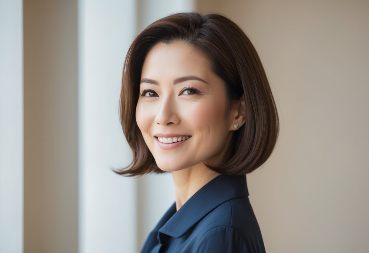 40代の日本人女性がボブヘアで微笑んでいる姿