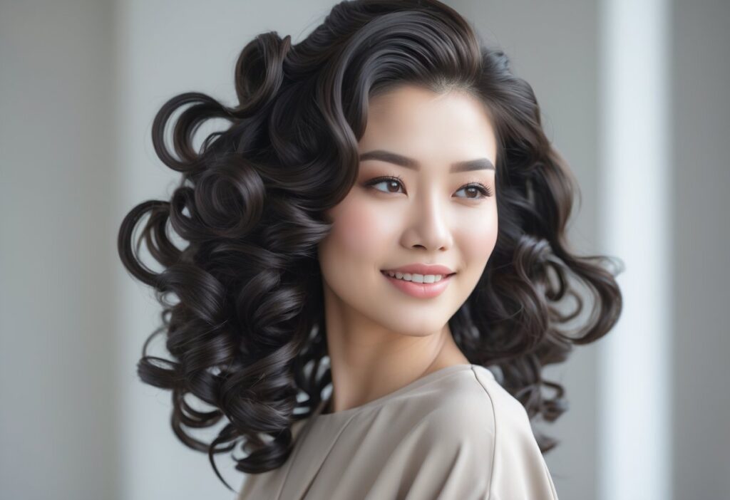 パーマヘアの若い女性が微笑んでいる写真