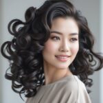 パーマヘアの若い女性が微笑んでいる写真