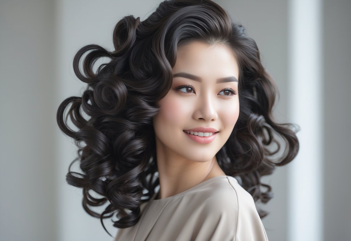 パーマヘアの若い女性が微笑んでいる写真