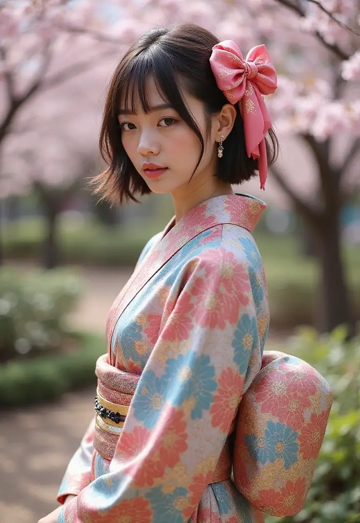 着物ヘアスタイルボブ訪問着｜和装に映える髪型30選 - 14. ファンシーなリボンボブ