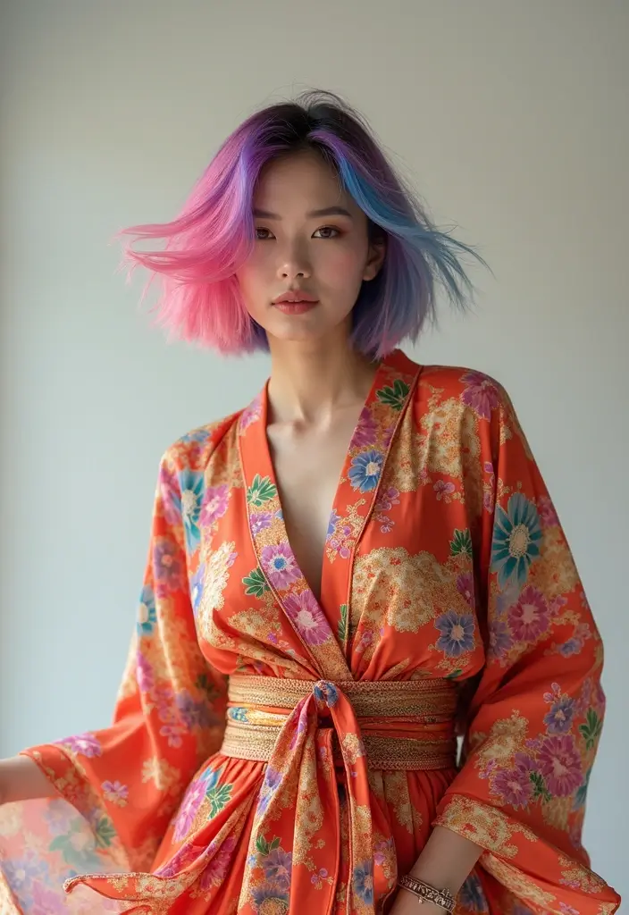 着物ヘアスタイルボブ訪問着｜和装に映える髪型30選 - 18. スパイシーなカラフルボブ