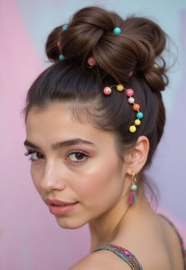 ヘアスタイルお団子30+選｜簡単かわいいまとめ髪アイデア - 22. お団子にビーズ