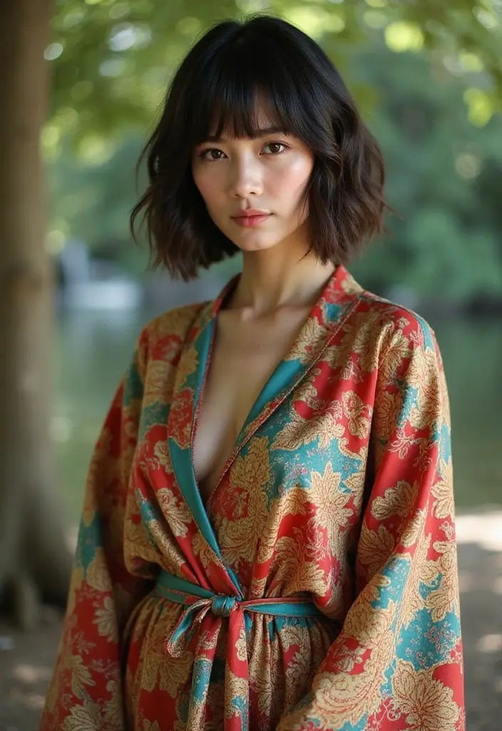 着物ヘアスタイルボブ訪問着｜和装に映える髪型30選 - 22. エスニックなフリンジボブ