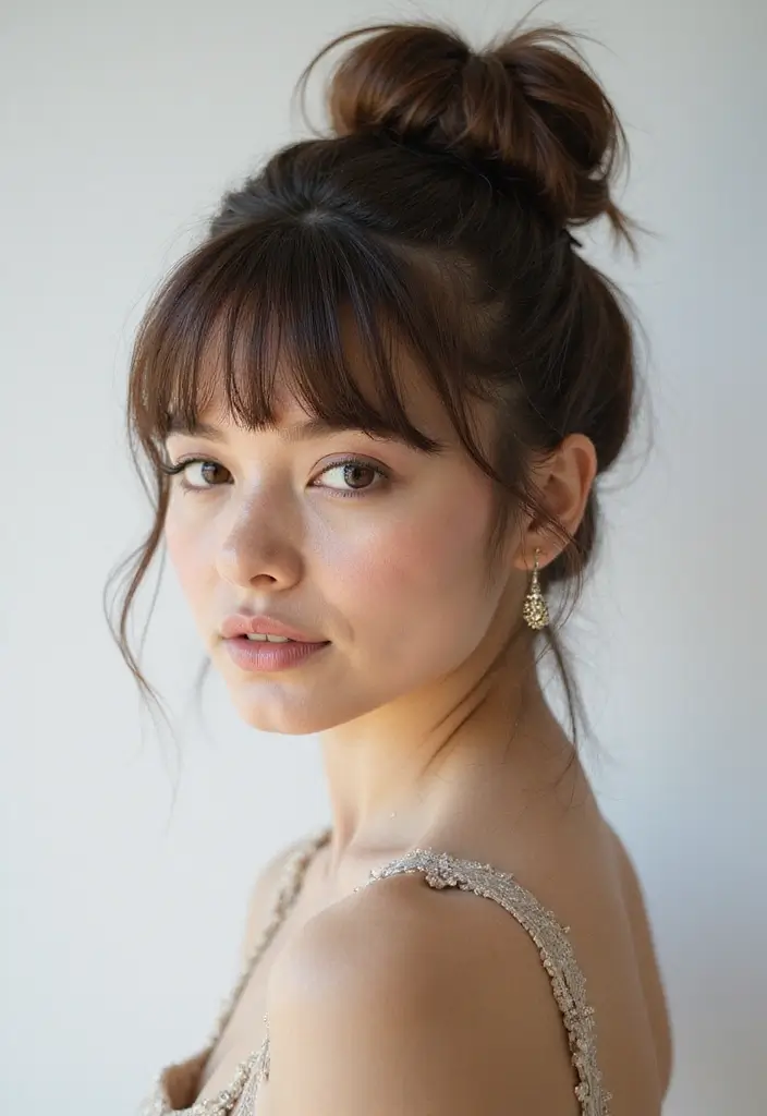 ヘアスタイルお団子30+選｜簡単かわいいまとめ髪アイデア - 27. お団子とフリンジ
